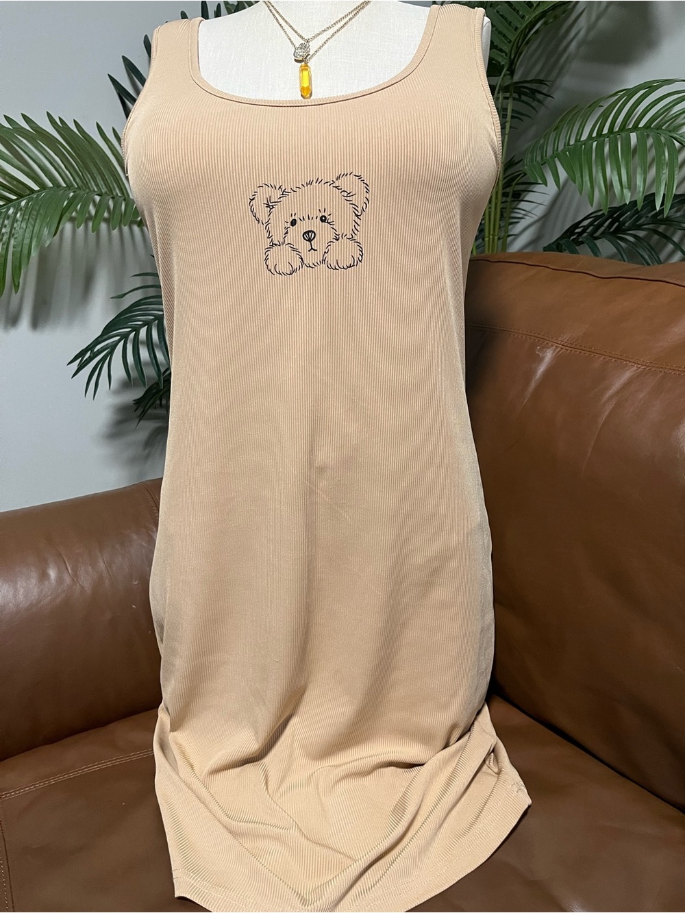 SHEIN Beige Ribbed Teddy Bear Sleep Tank Dress - Picture 3 of 5